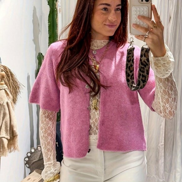 Hot Pink Casual Women's Front Button Short-Sleeved Knitted sweater Cardigan - Picture 5 of 6